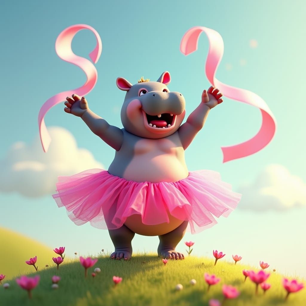 Joyful Hippo Girl Dancing in Sunshine, Fantasy Art