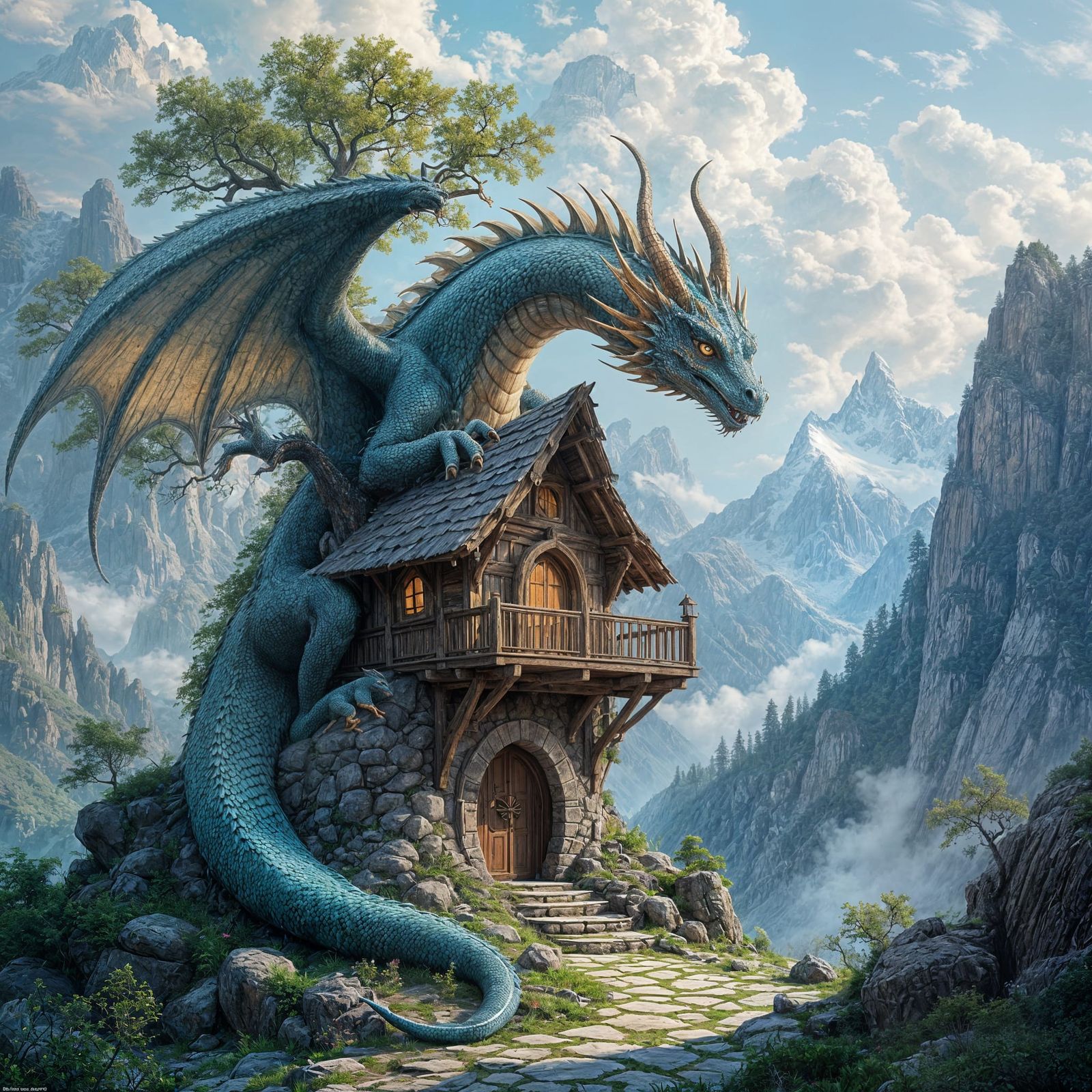 Cosmic Dragon Guards Ancient Treehouse Tavern