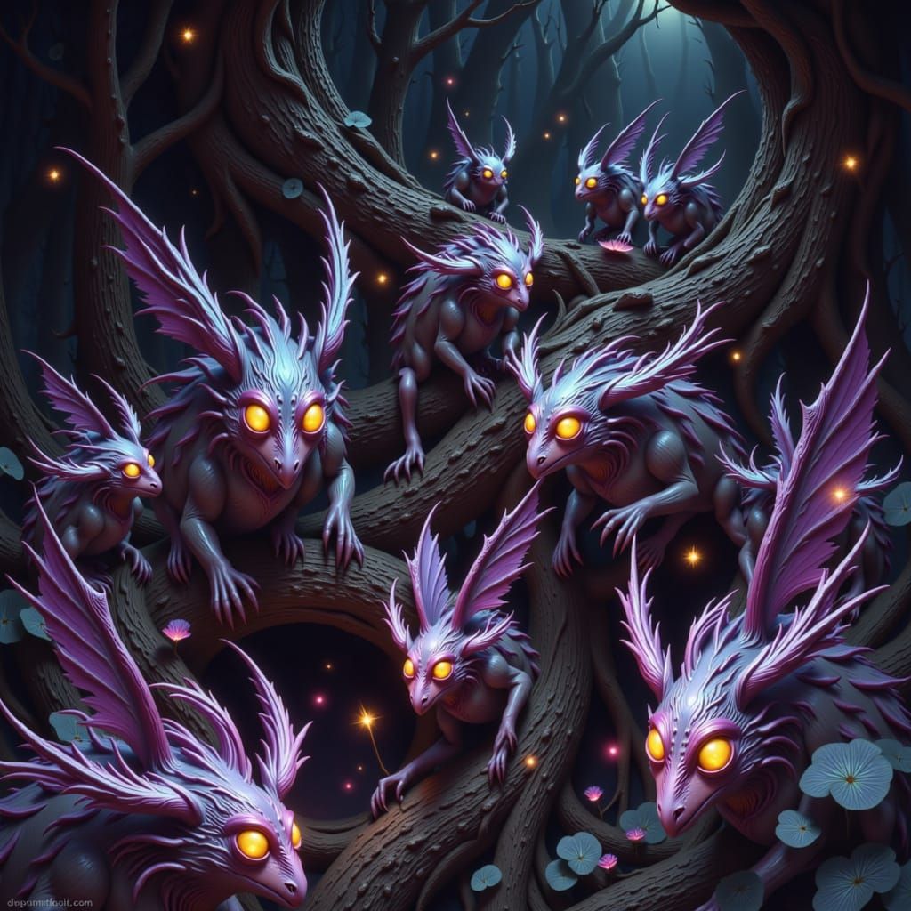 Mythical Iridescent Creatures in Whimsical Landscape