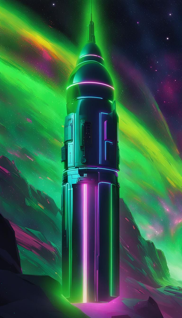 Futuristic Spaceship in Neon-Lit Synthwave Concept Art