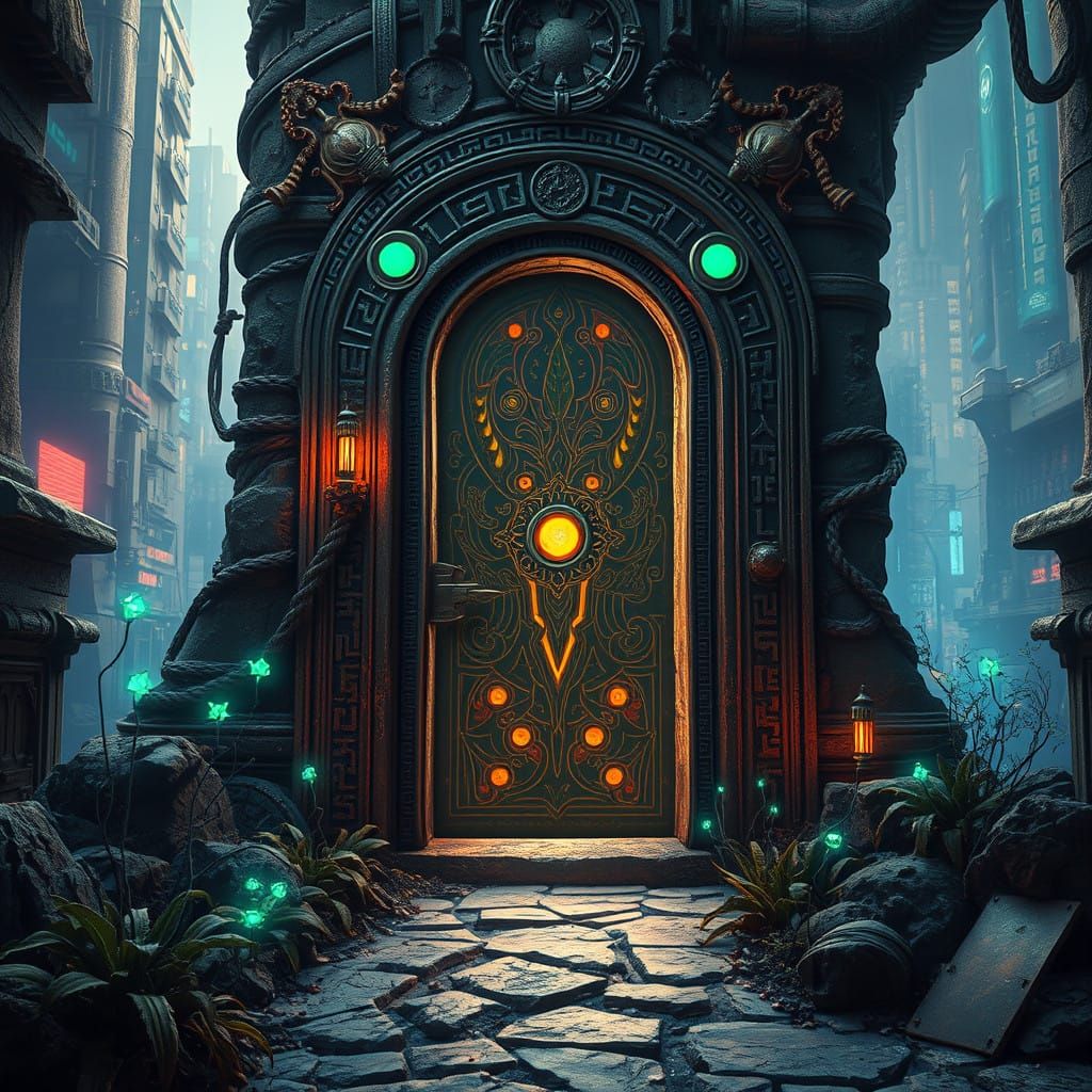 Mysterious, Ancient Door in Abandoned Sci-Fi Cityscape