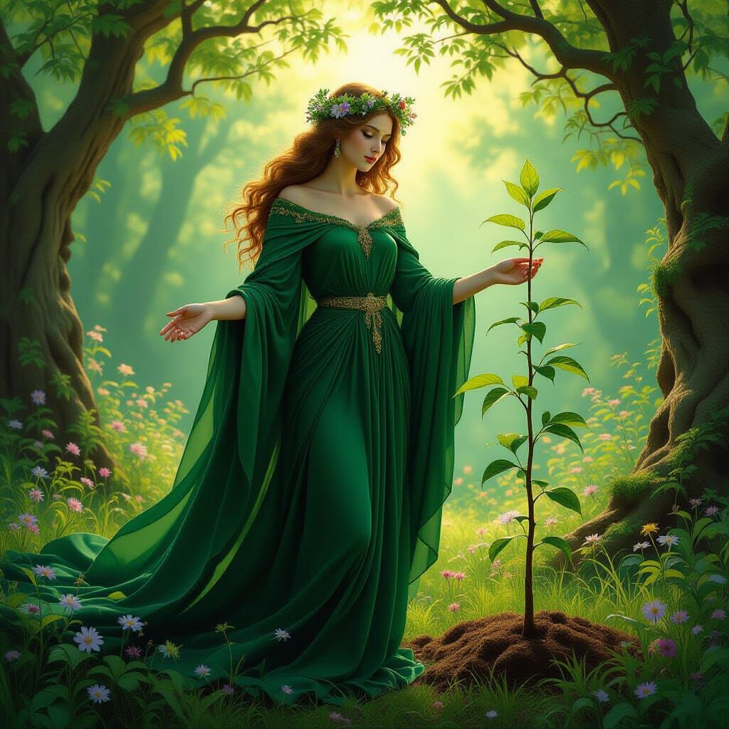Mother Nature Goddess Nurturing Forest Sapling