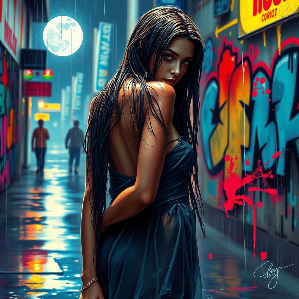 Woman Radiant in Moonlit Rain, Graffiti Street Art Style