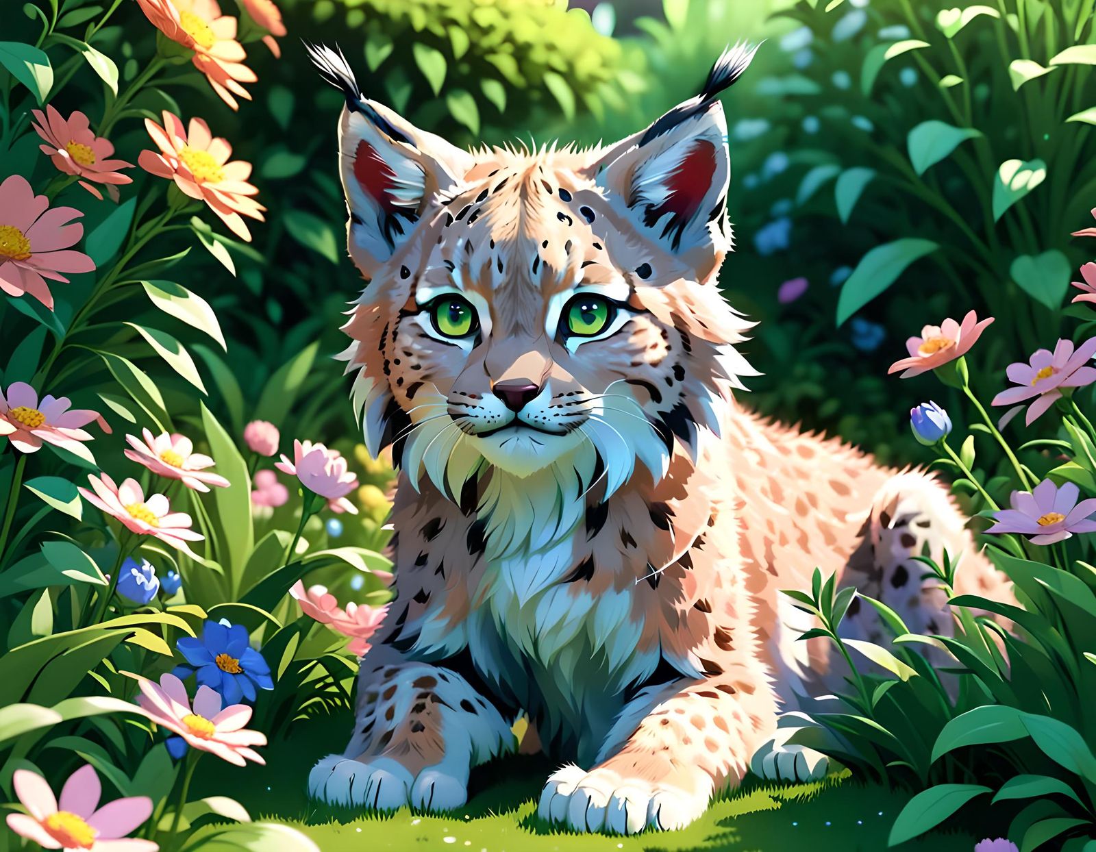 Lynx Cub in Flower Garden: 3D Anime Art