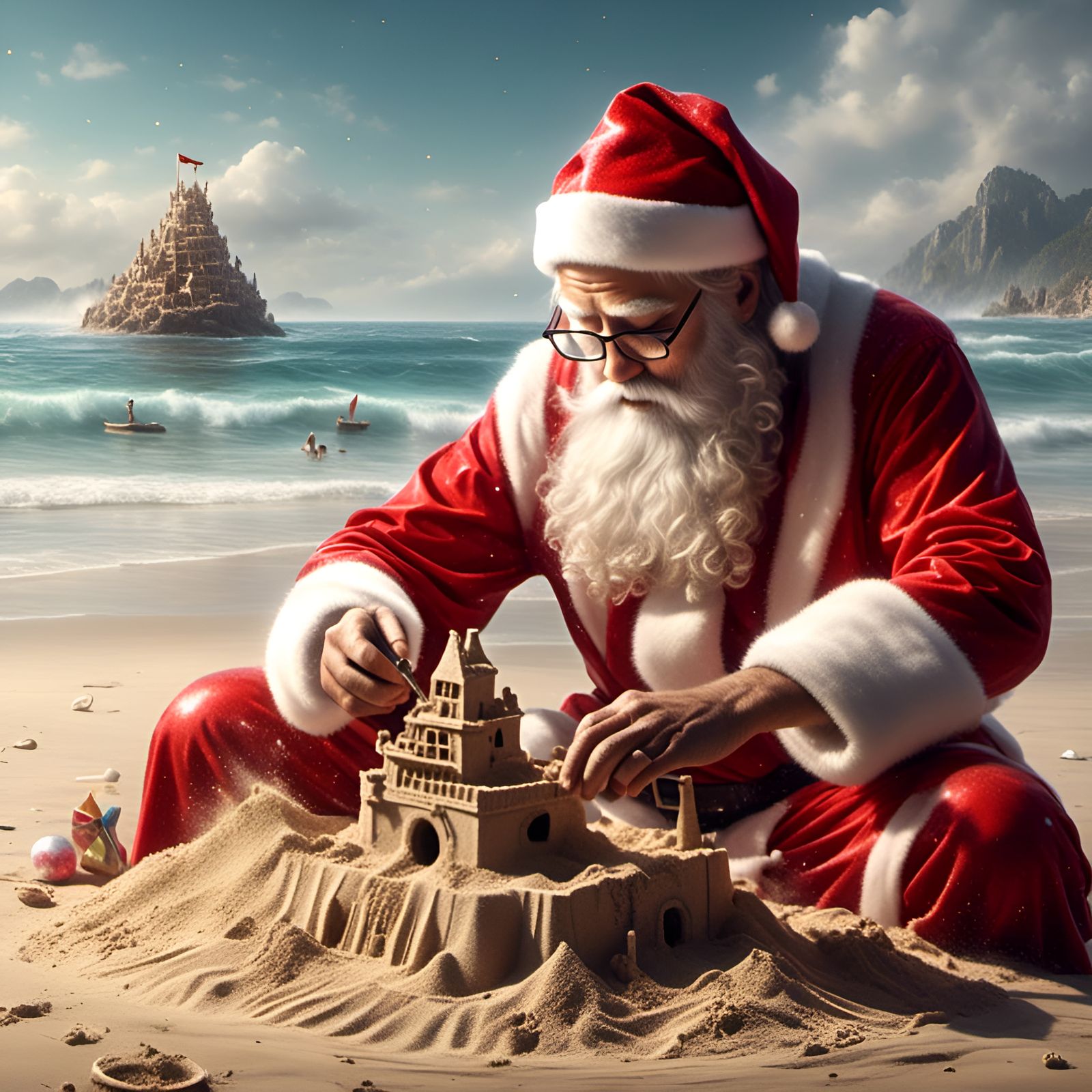 Santa Claus Builds Sandcastle on Sunny Beach