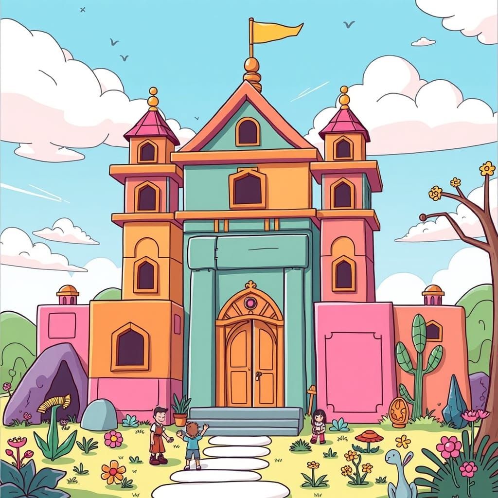 Cartoon Building Block Temple in Cartoon Style