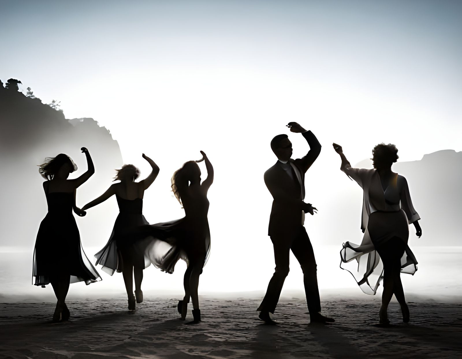Elegant Couples Dancing on Foggy Beach