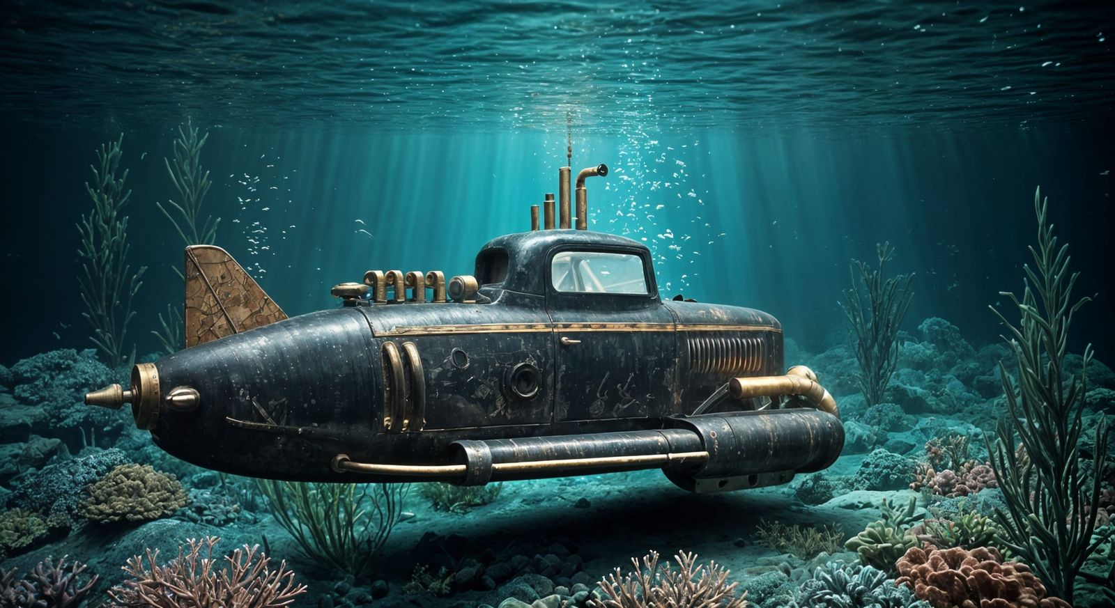 Steampunk Submarine Zooms Through Vibrant Seabed