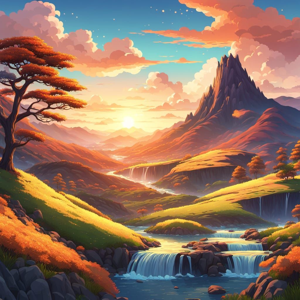 Majestic Anime Landscape at Sunset in 4K