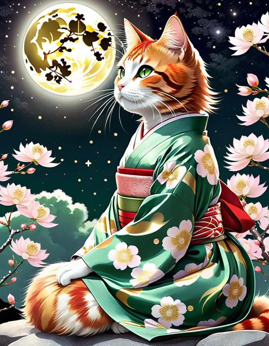Cat-Woman Gazing at Moon in Manga Art
