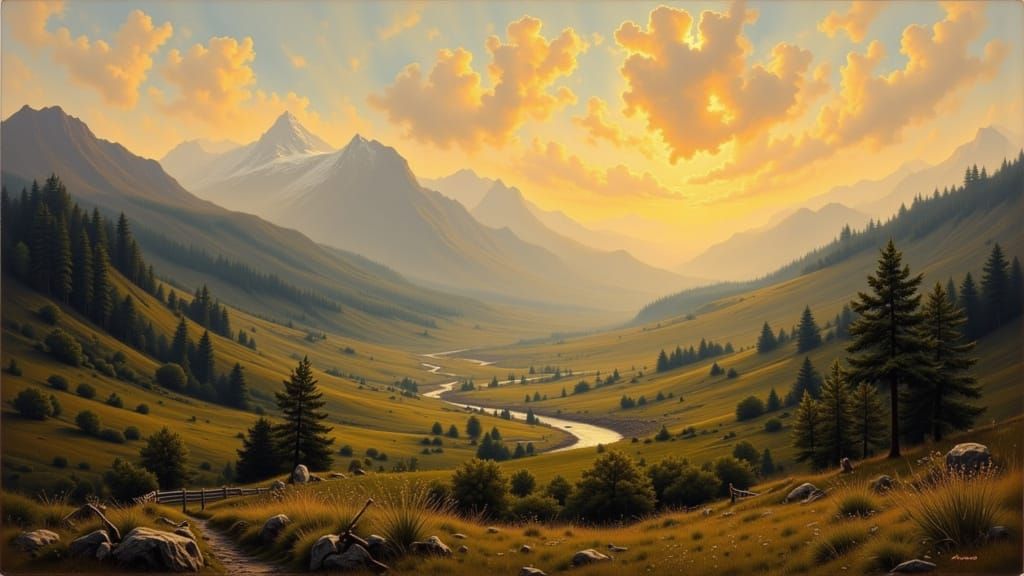 Romantic Landscape with Golden Sunset