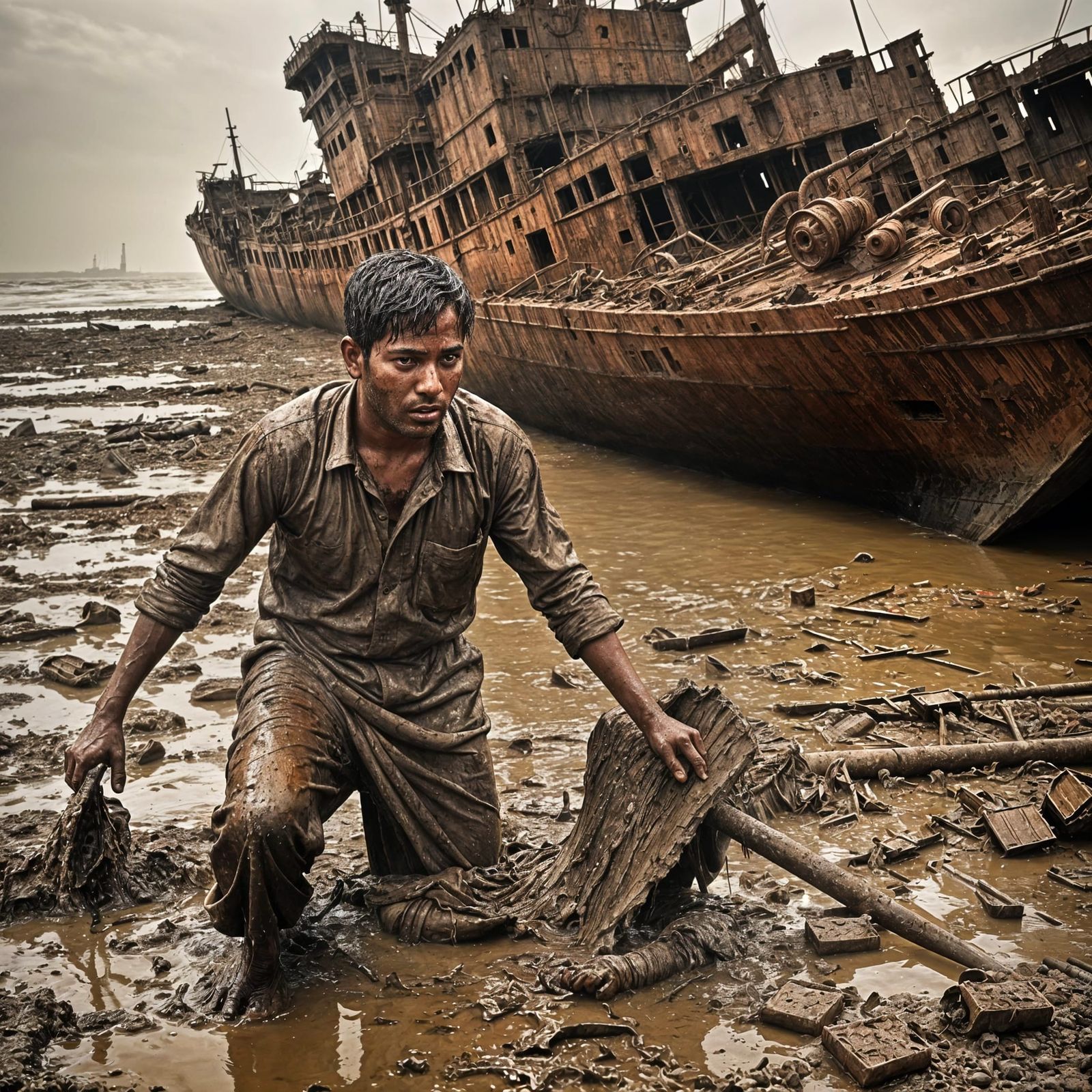 Bangladeshi Shipbreaker Amidst Polluted Shipyard