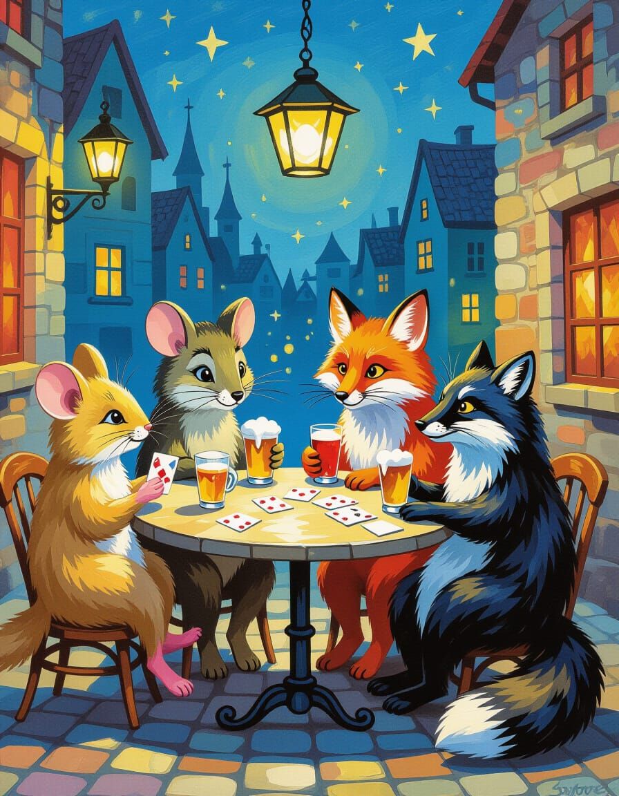 Cute Animals Play Cards at Evening Table