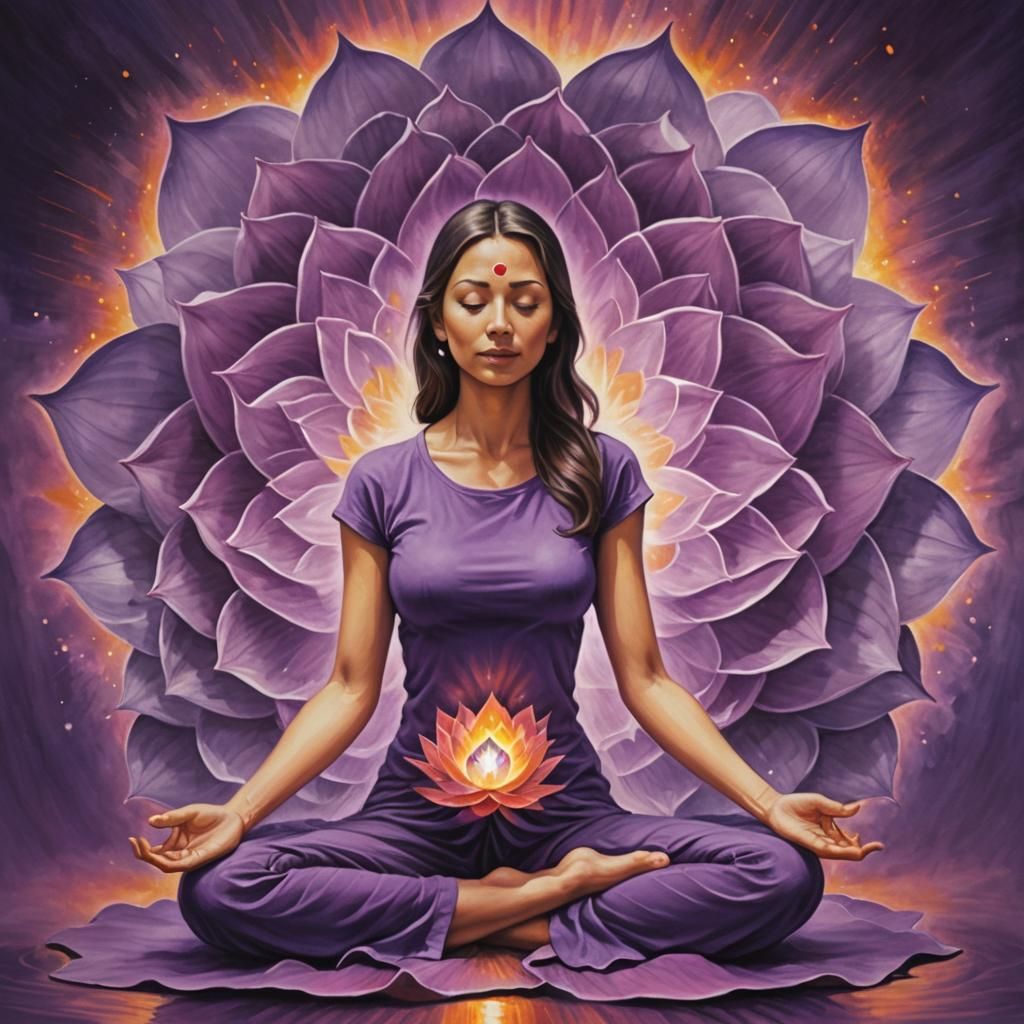 Meditating Woman in Violet Flame with Chakras