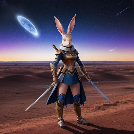 Anime Rabbit Warrior in Desert Landscape