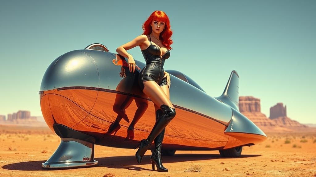 Retro Pin-Up Girl on Mars with Chrome Spaceship