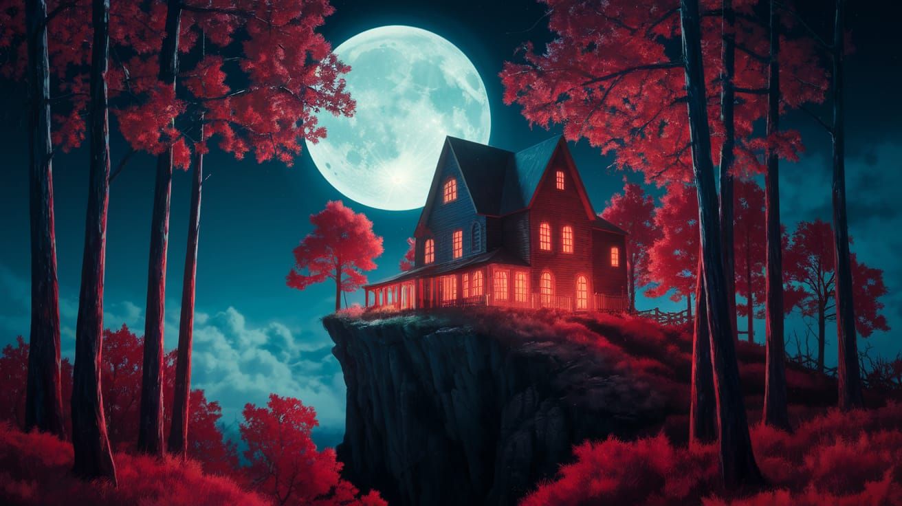 Mystical Cliffside Abode Under Full Moon