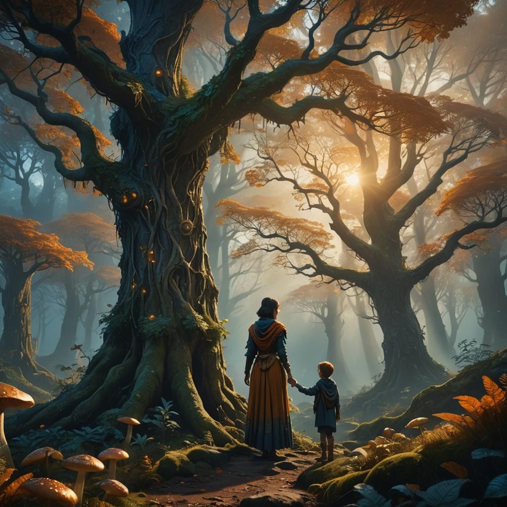 Mystical Forest: Mother and Son Embrace