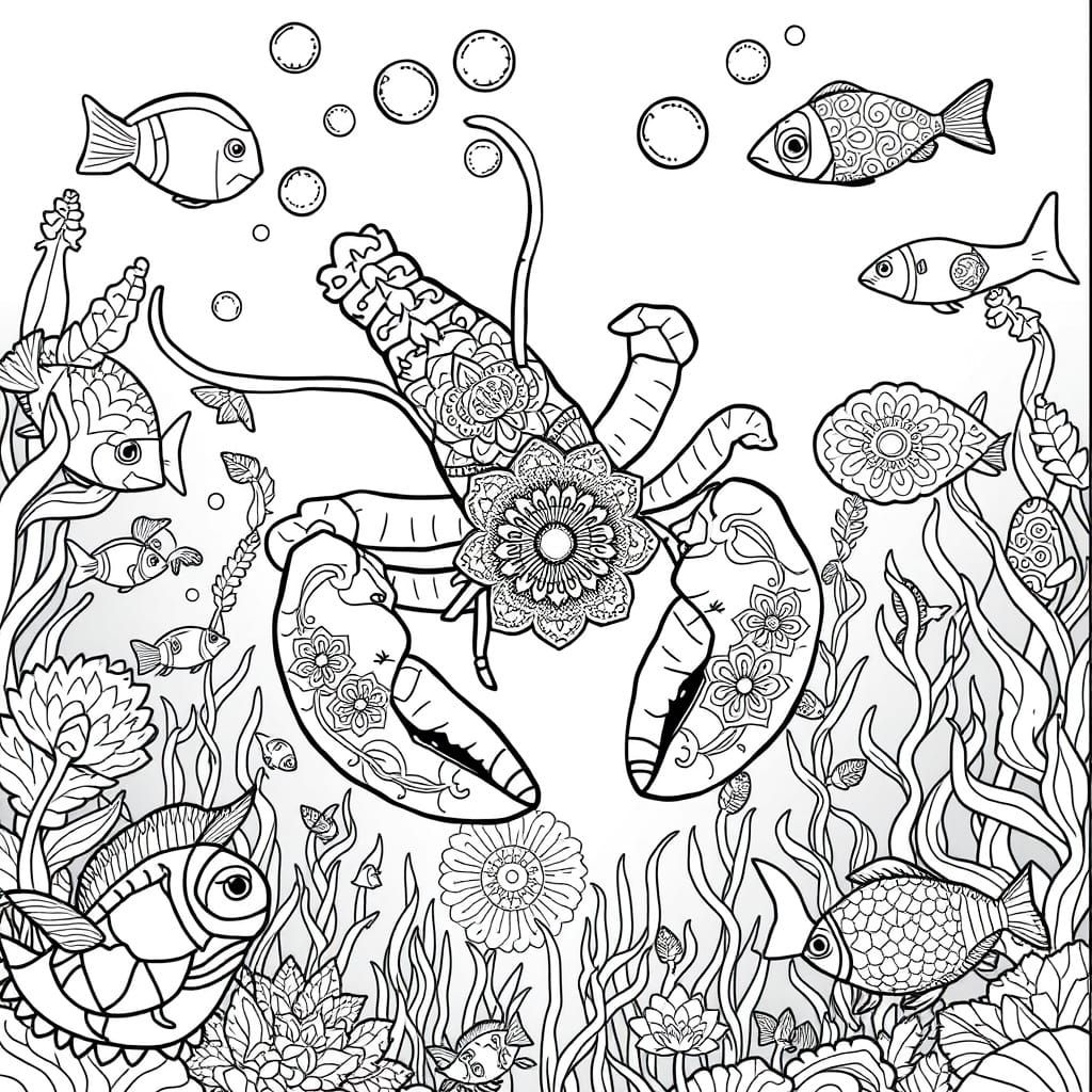 Surreal Underwater World in Black and White Line Drawing
