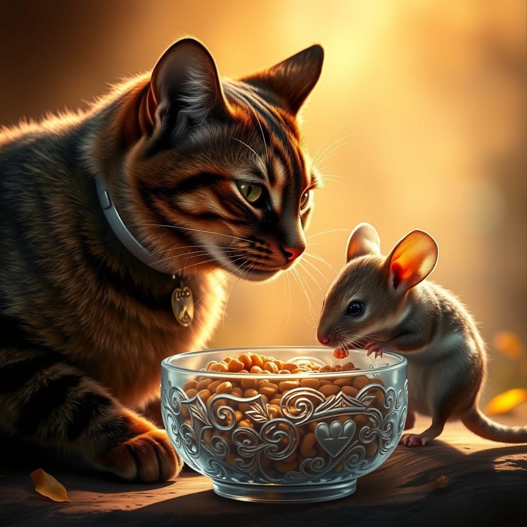 Majestic Tortoiseshell Cat Meets Brave Mouse in Whimsical Re...