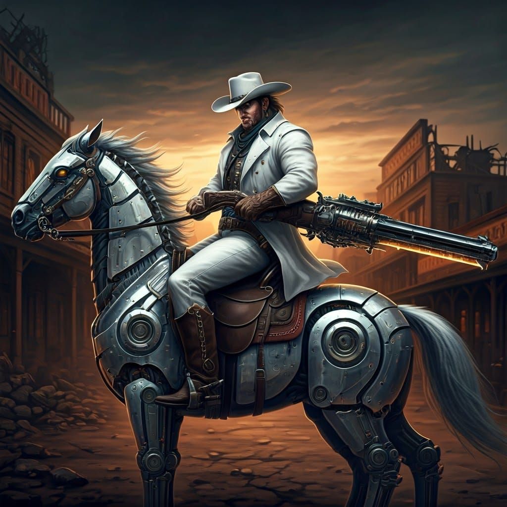 Cyber-Western Cowboy on Mech-Horse with Gunblade