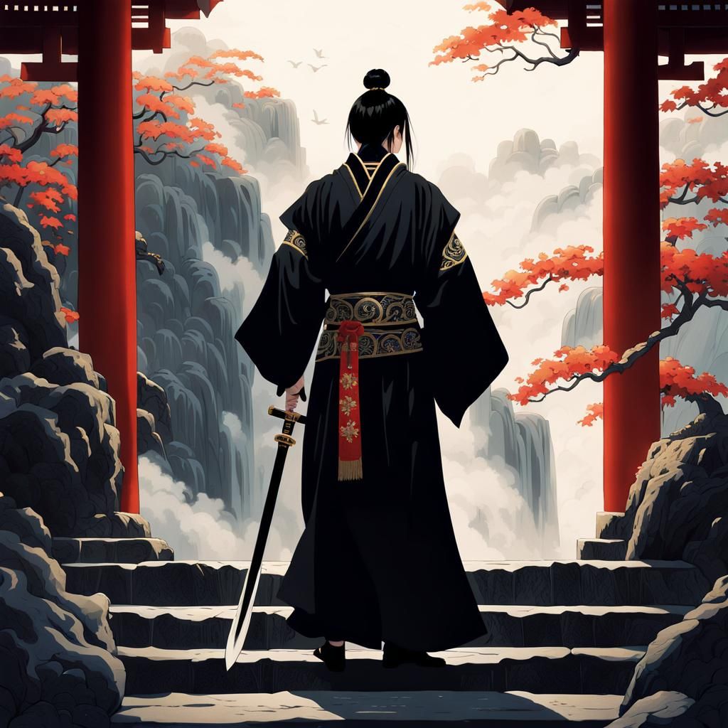 Mysterious Warrior with Sword in Ukiyo-e Style