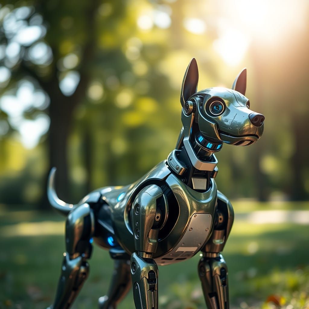 Metallic Robot Dog in Sun-Drenched Park