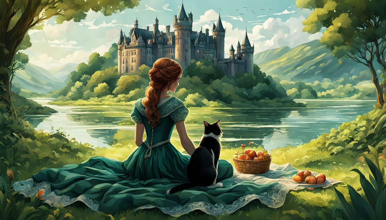 Victorian Lady Enjoys Whimsical Highland Picnic in Watercolo...