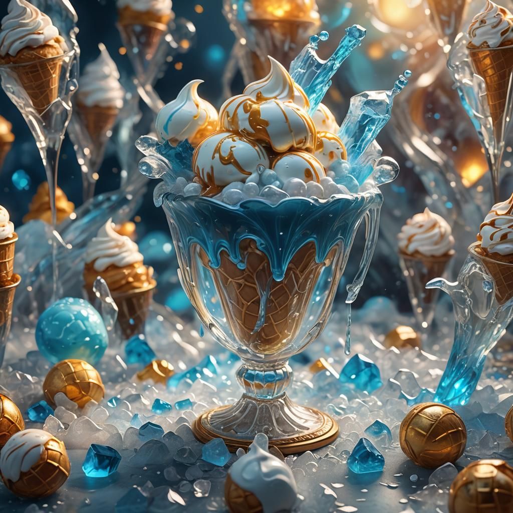 Glowing Ice Cream Overflowing from Crystal Glass