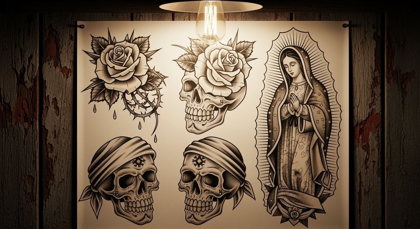 Chicano Tattoo Flash Sheet with Roses and Skulls