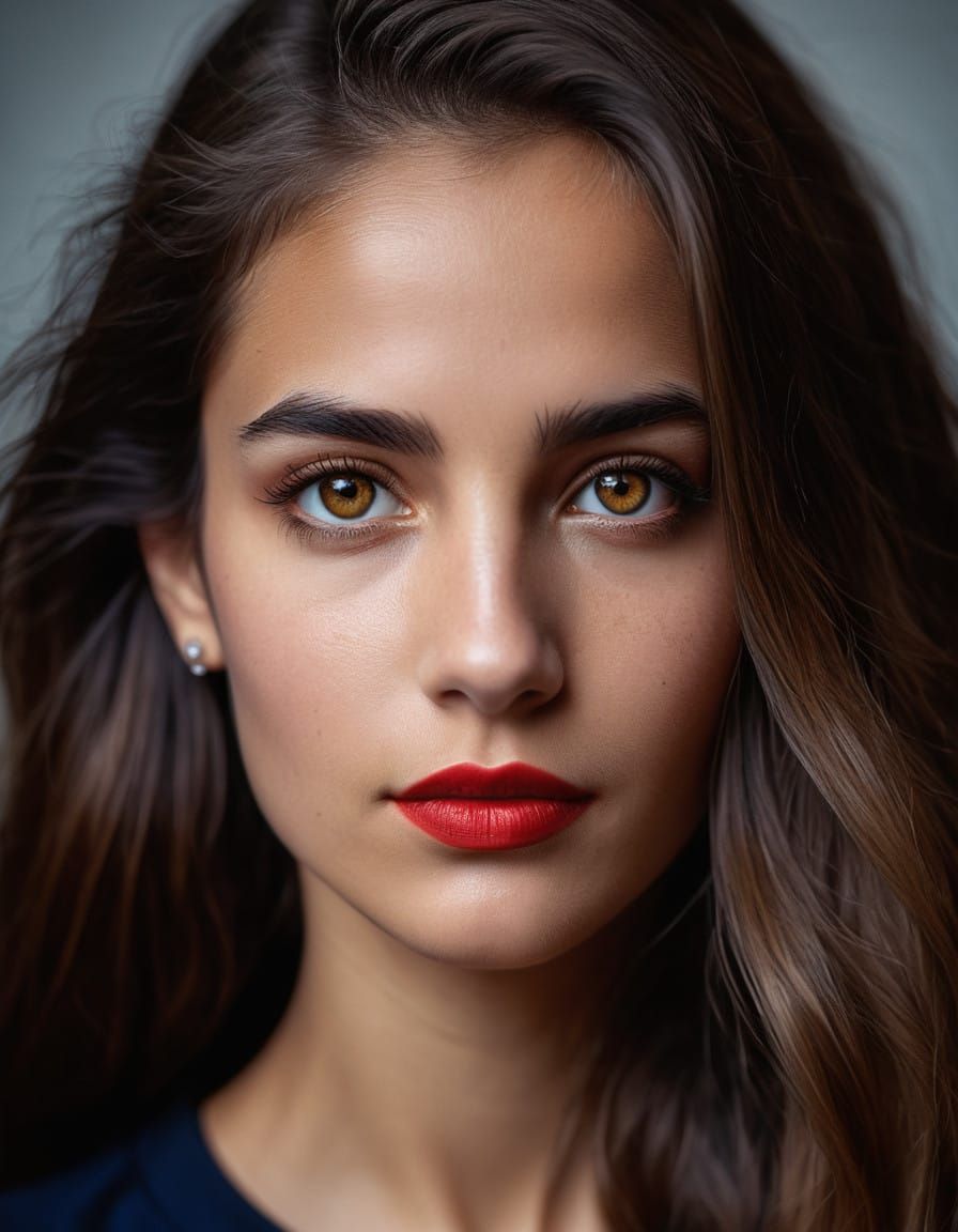 Elegant Latina Woman with Luminous Dark Hair and Green Eyes