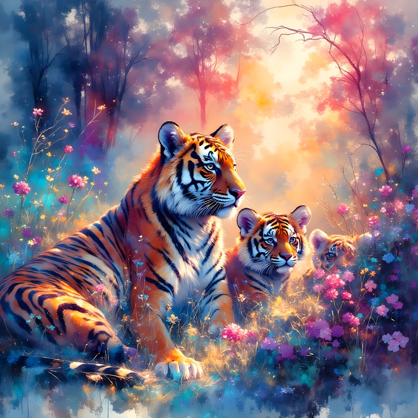 Tiger Cubs Bask in Sunlit Forest Glade