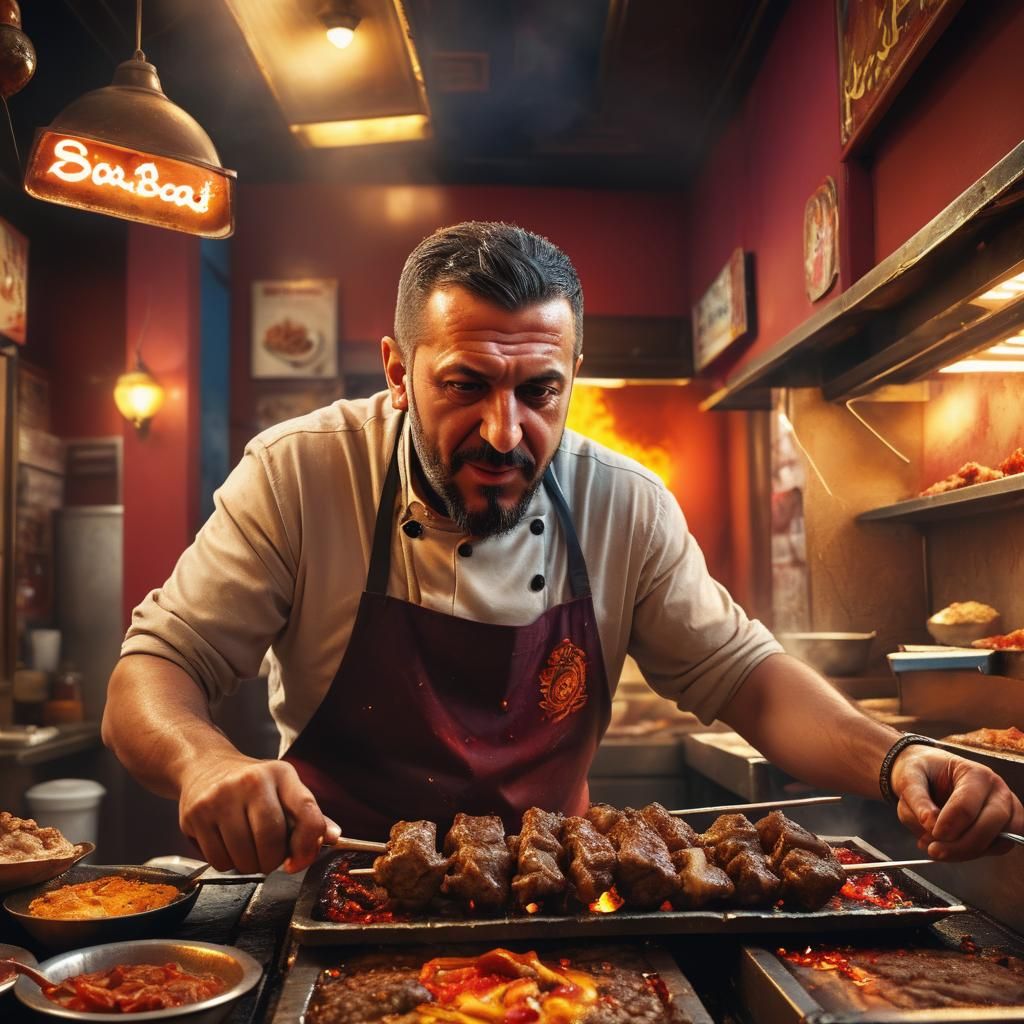 Turkish Man Making Kebab, Rembrandt Lighting