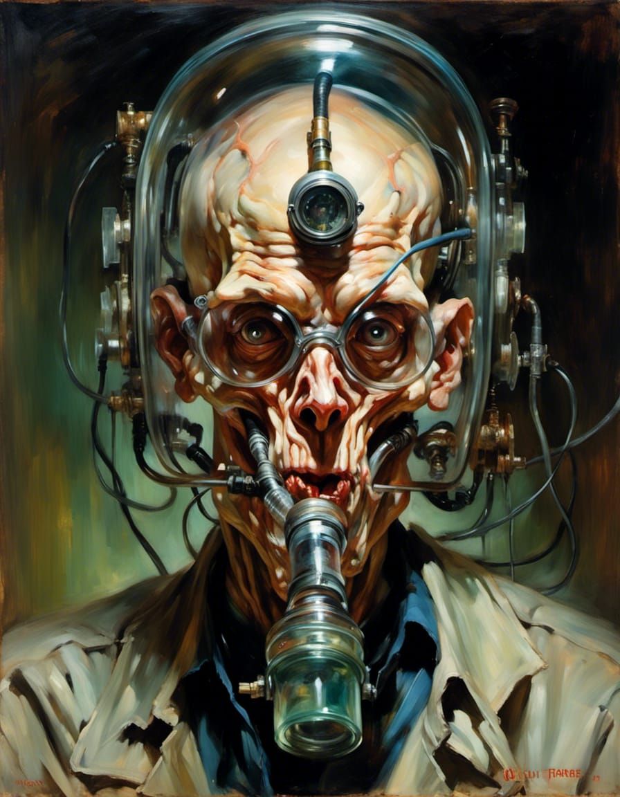 Pale Man with Visible Brain in Chiaroscuro