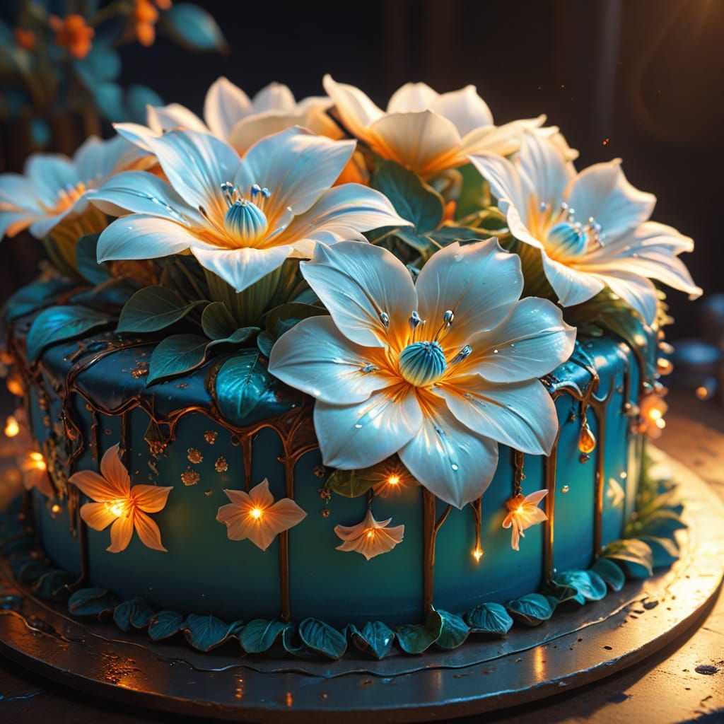 Moonflowers Grow a Cake: Surreal Dreamlike Oil Painting