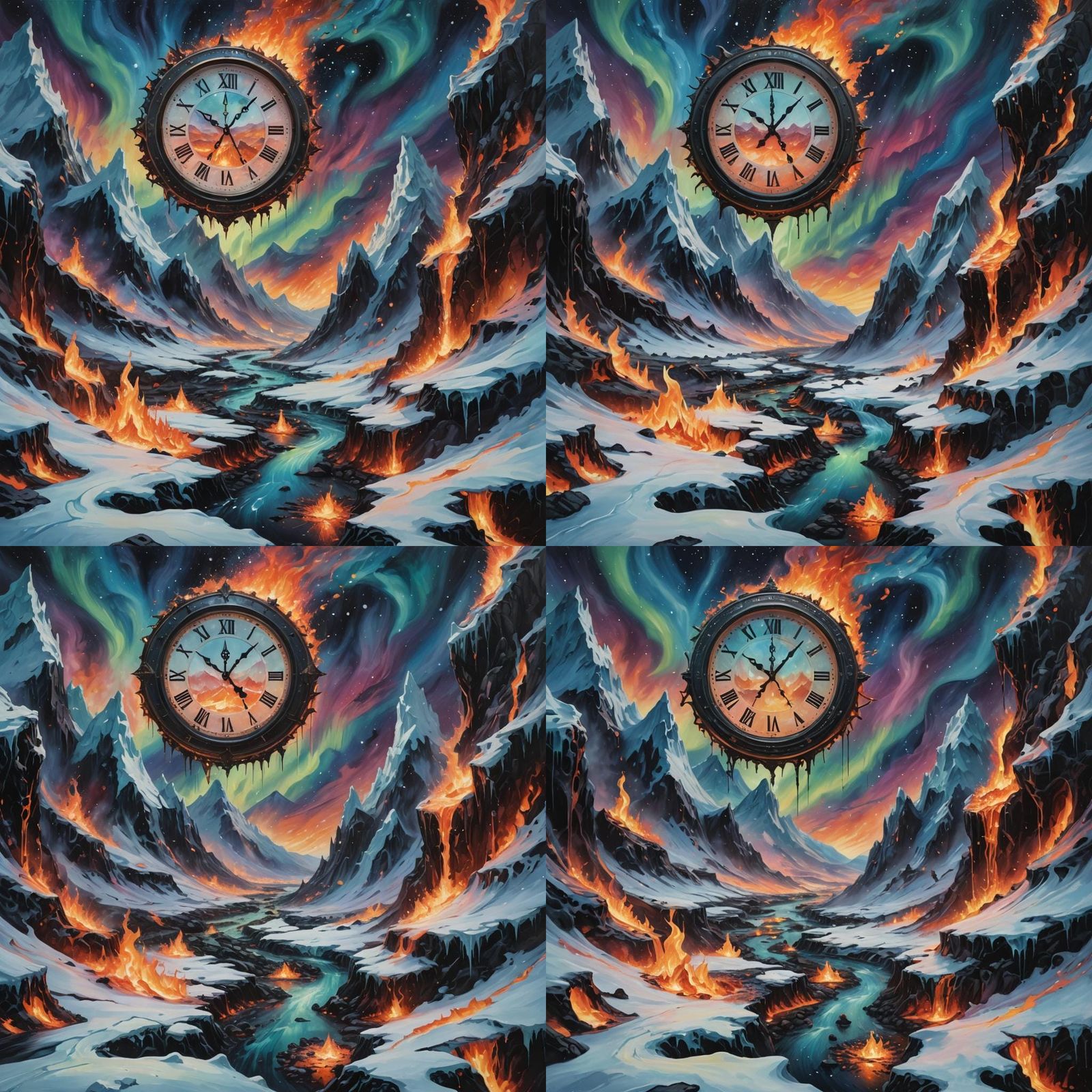 Surreal Clock Landscape in Oil Painting Style