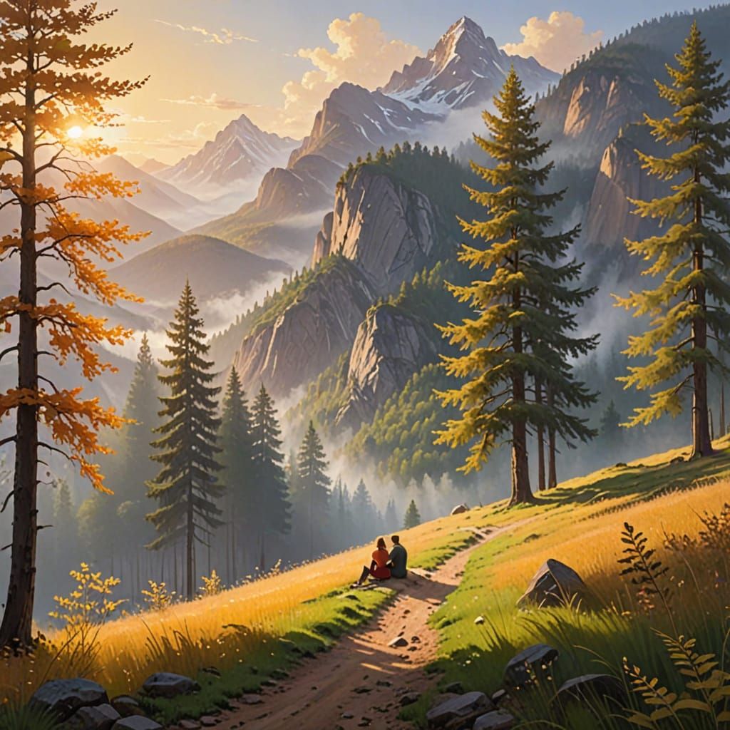 Serene Mountain Landscape Painting with Golden Light