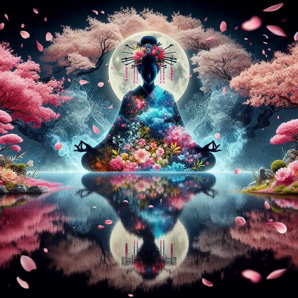 Meditating Geisha: Double Exposure Digital Art