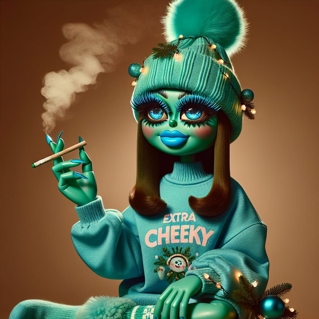 Whimsical Green Character Smoking with Christmas Lights