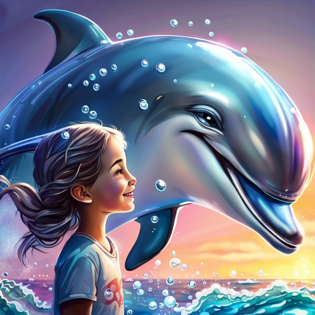 Friendly Dolphin Smiles at Girl in Sunset Seawater