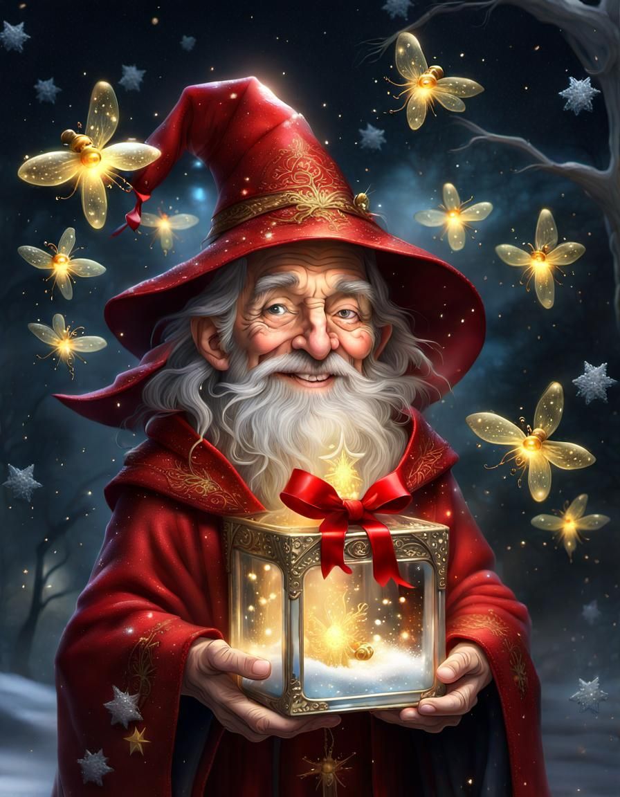 Wizard Gifting Fireflies in Snowy Christmas Scene