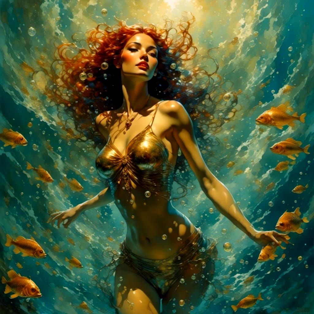 Fantasy Redhead in Tropical Underwater Paradise