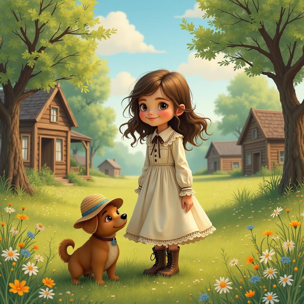 Charming Girl in Meadow: A Pixar-Style Illustration