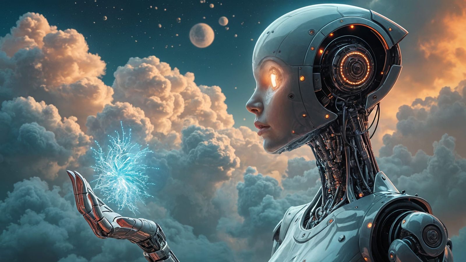 Retro-Futuristic Woman Robot in a Swirling Dreamscape