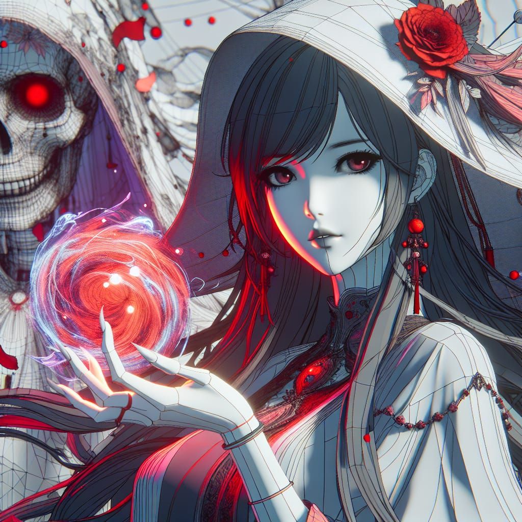 Grim Reaper Anime Goddess in Triadic Hues