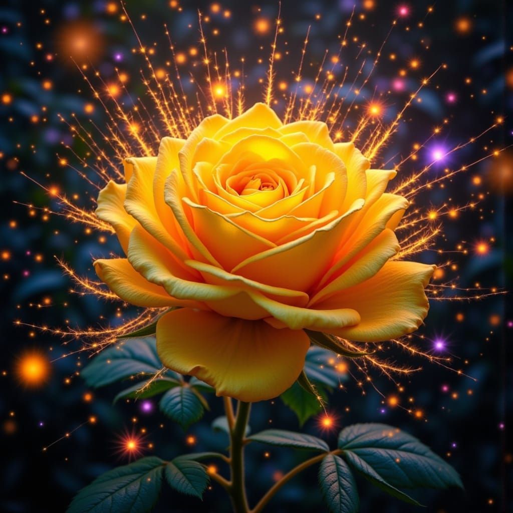 Yellow Rose with Fireworks in Hyperrealistic Style