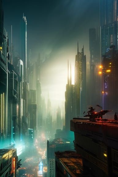 Postapocalyptic Cyberpunk City at night