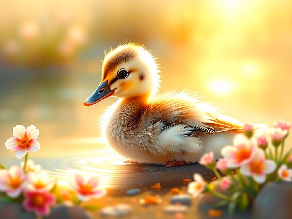 Duckling in Golden Light with Spring Flowers
