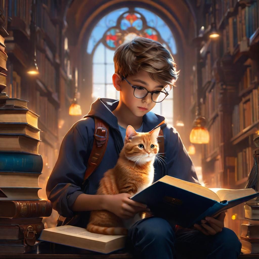 Boy Studying with Cat in Professional Photo