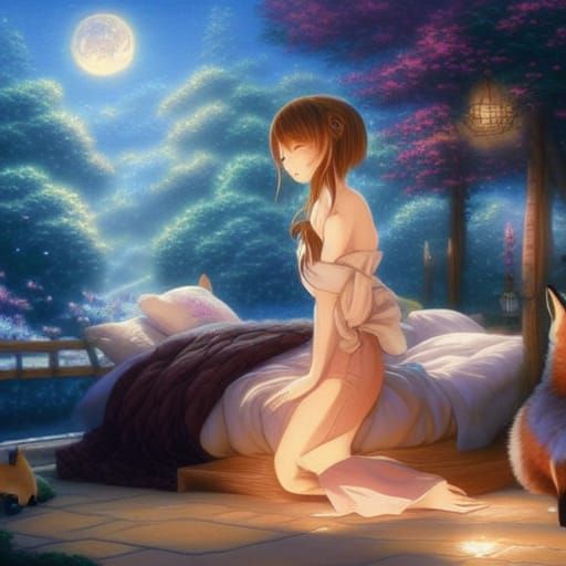 Anime Girl Sleeping Peacefully Watched Over by Fox